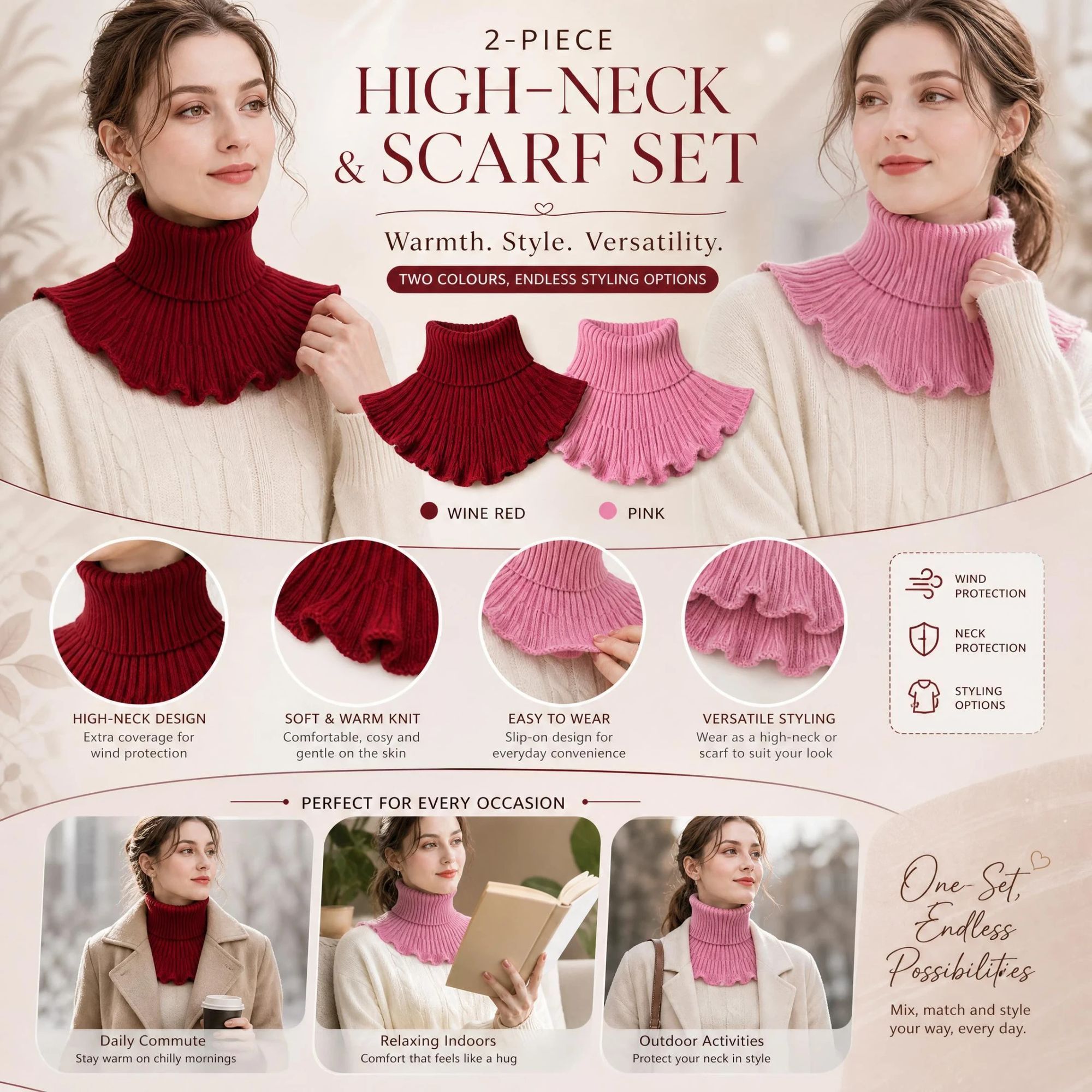 2-Pack Wine Red & Pink thick mock collar warmers, sweet timeless tone steady wind barrier snood combo - Image 1