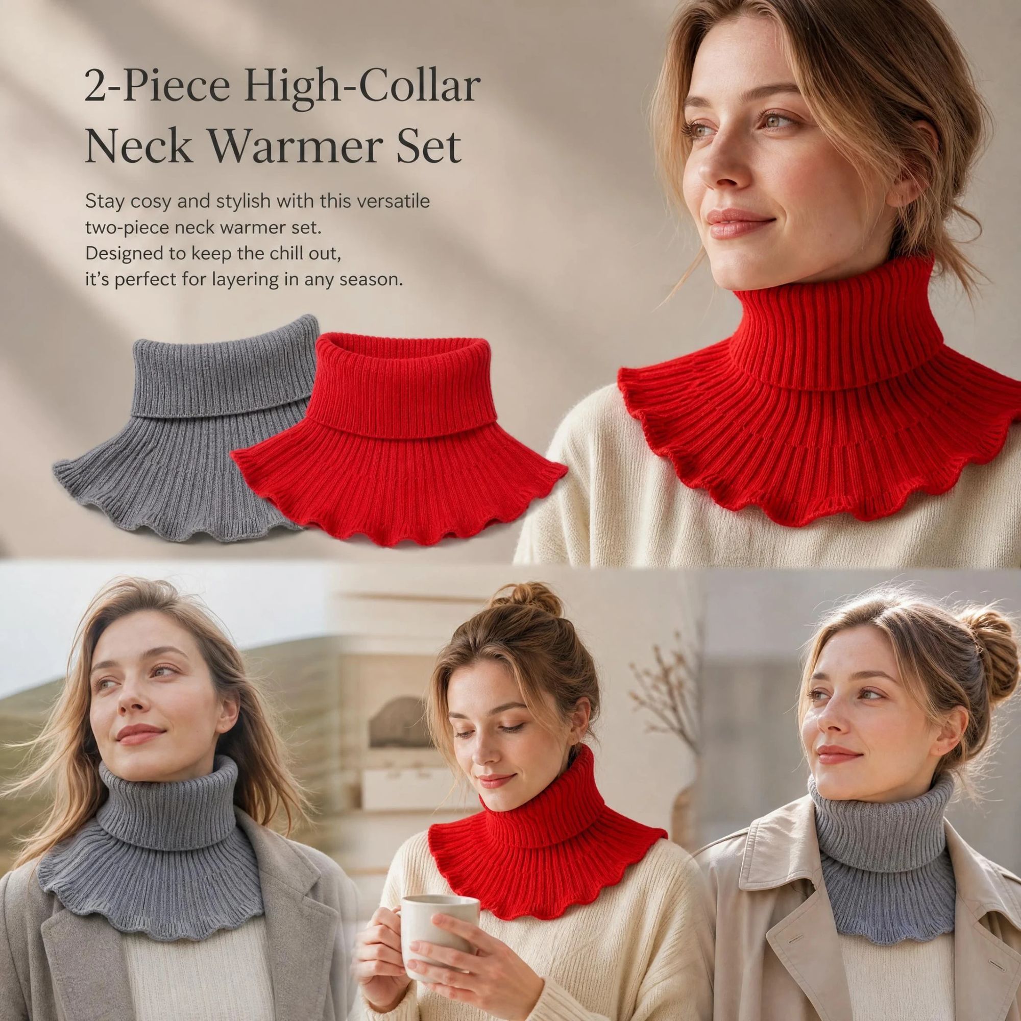 2-Pack Bright Red & Grey thick knitted neck wrap set, neutral solid chill blocking mock neck tube - Image 1
