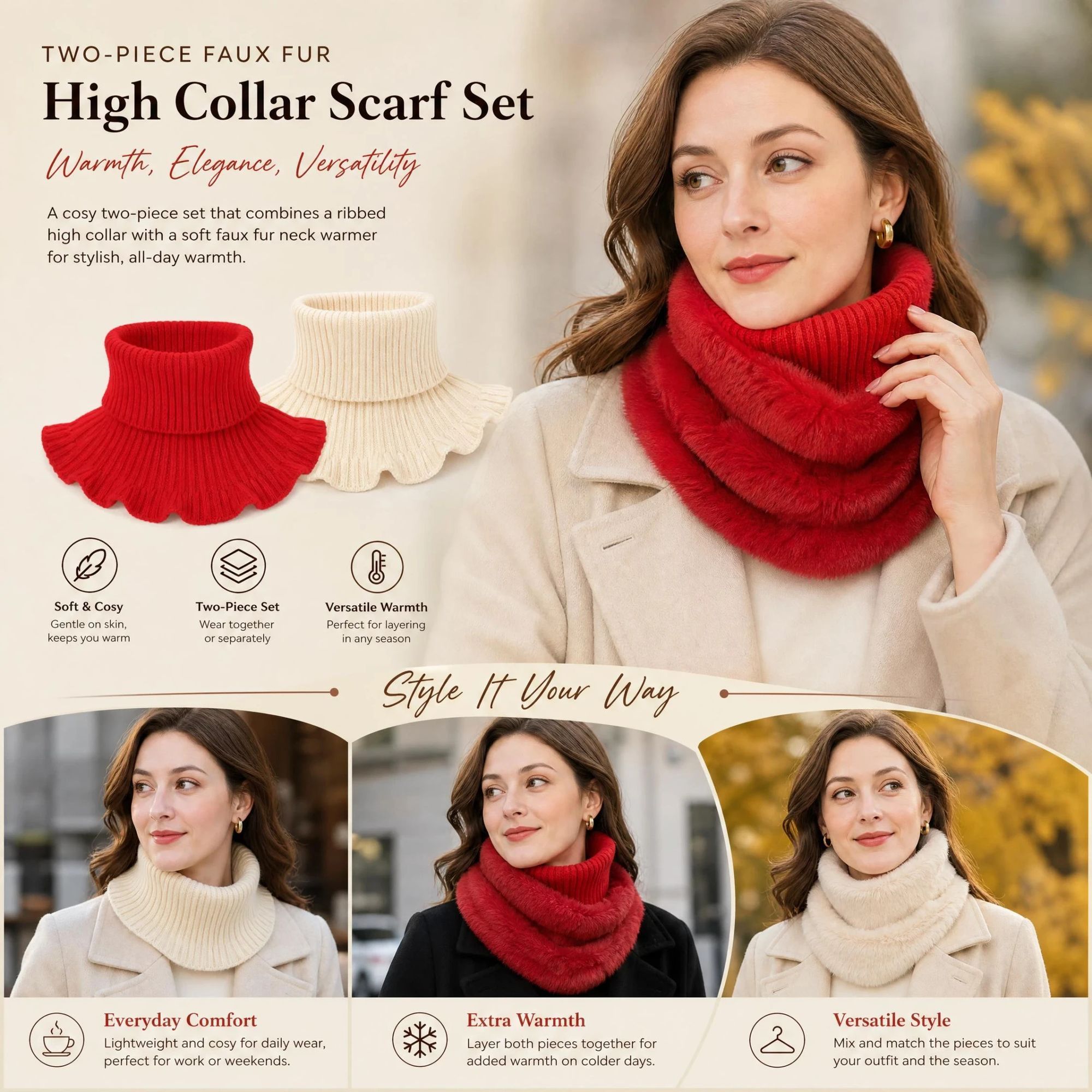 2-Pack Bright Red & Off White thick thermal snood combo, warm soft dual tone full wind shield twin cover pack - Image 1