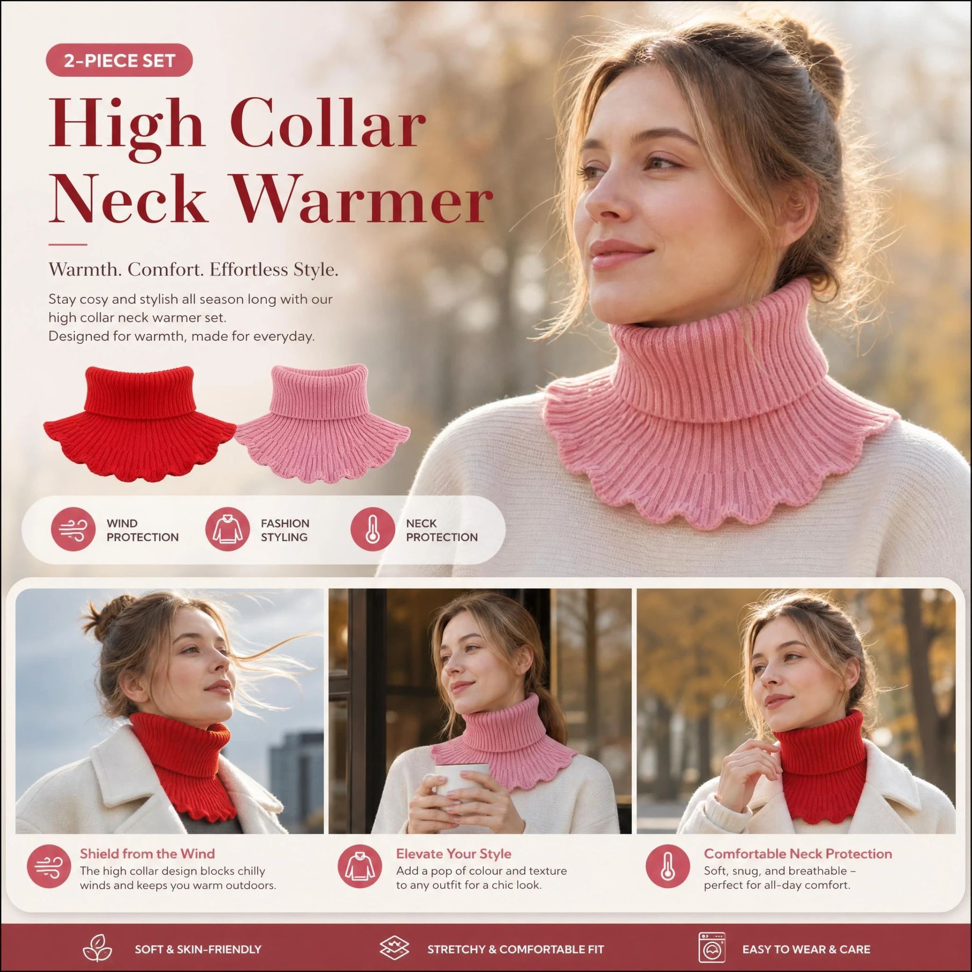 2-Pack Bright Red & Pink thick mock high collar neck protector twin pack, sweet steady wind barrier daily styling wrap - Image 1