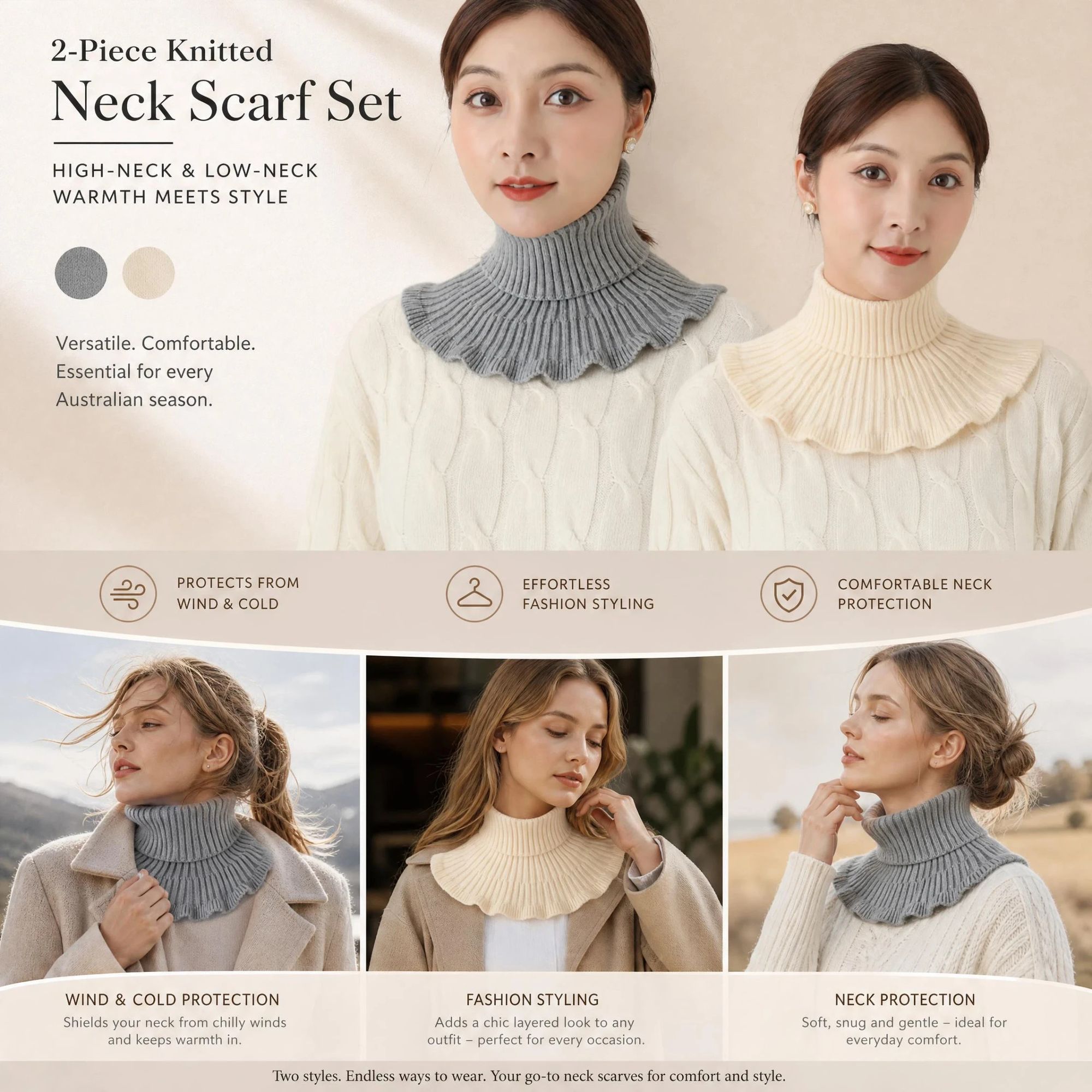 2-Pack Grey & Off White thick knit neck warmers, neutral gentle two-tone wind shield layering twin set - Image 1