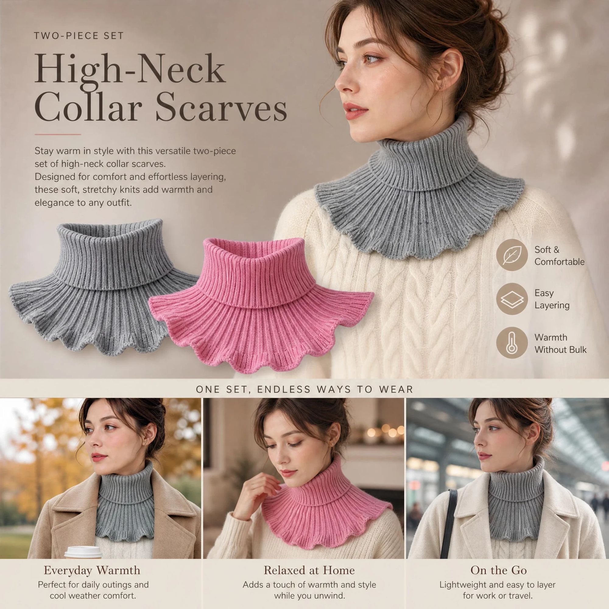 2-Pack Grey & Pink thick knitted neck tube combo, sweet low-key chill blocking versatile styling cover - Image 1