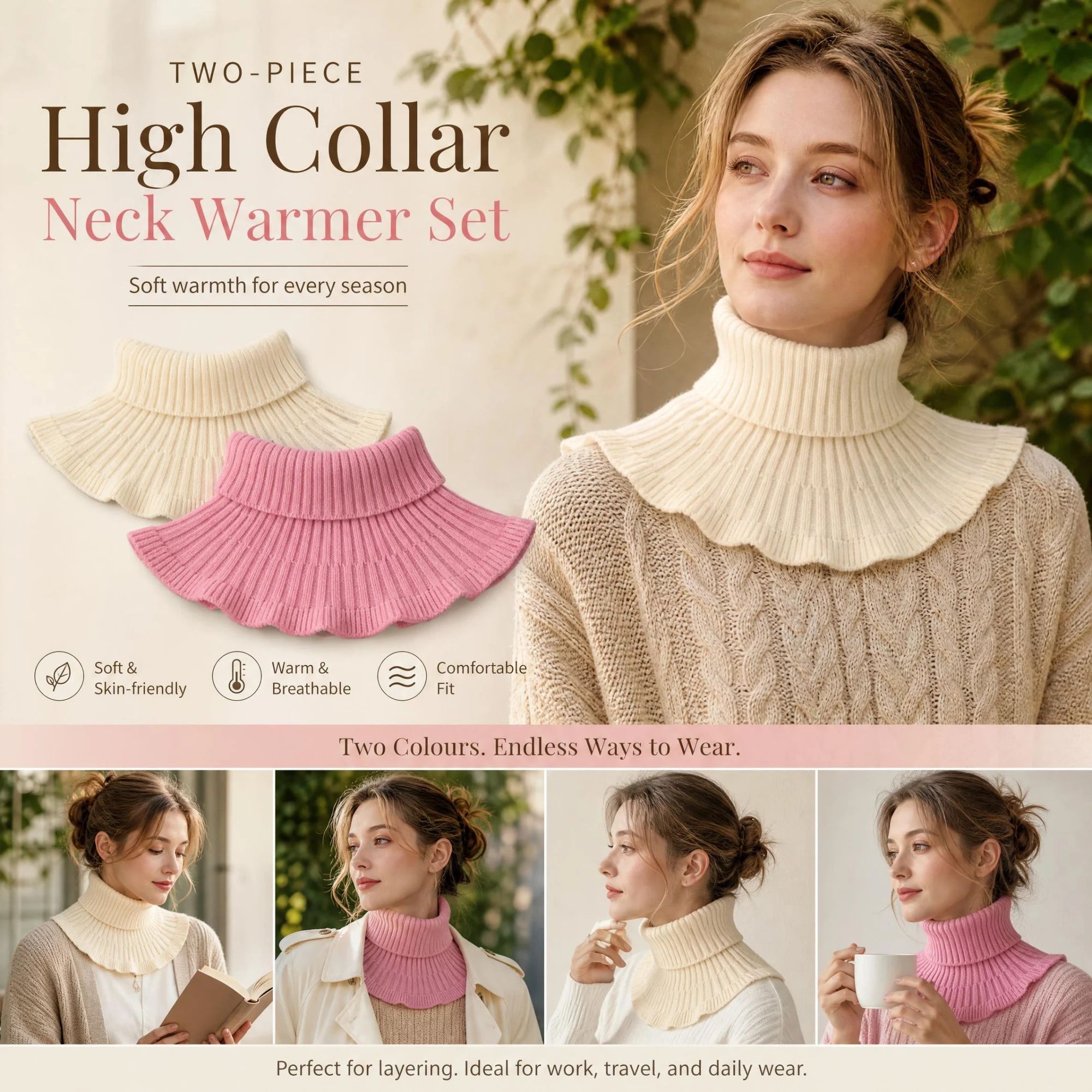2-Pack Off White & Pink thick thermal neck protector set, soft sweet dual colour wind blocking layering snood - Image 1