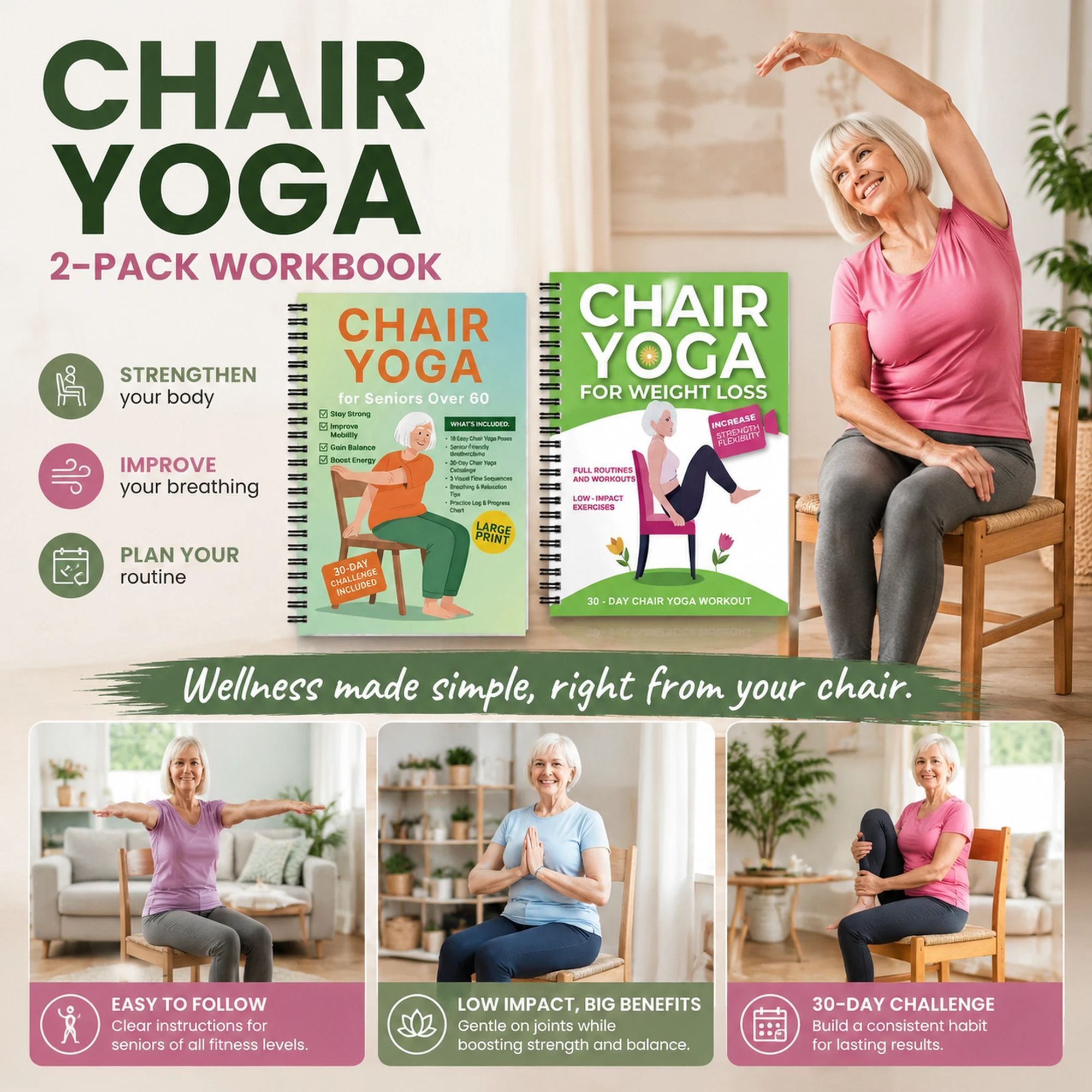 2 Pack Coil Bound Chair Yoga Weight Loss Books For Seniors, Breathing Awareness + Stable Strength Sets - Image 1