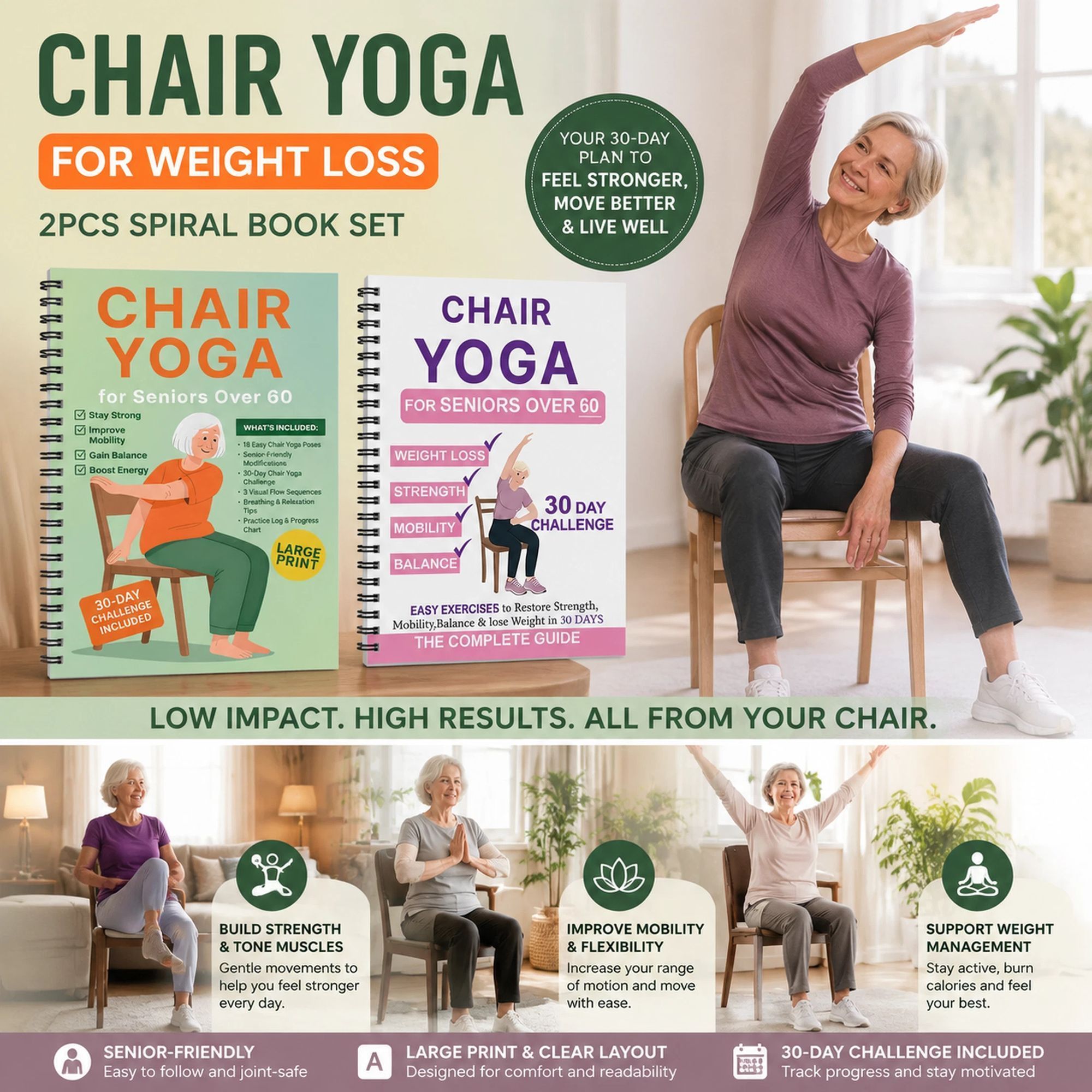 Dual Coil Bound Senior Yoga Journals, Breathing Awareness & All-Round Improvement Weight Loss Plans - Image 1