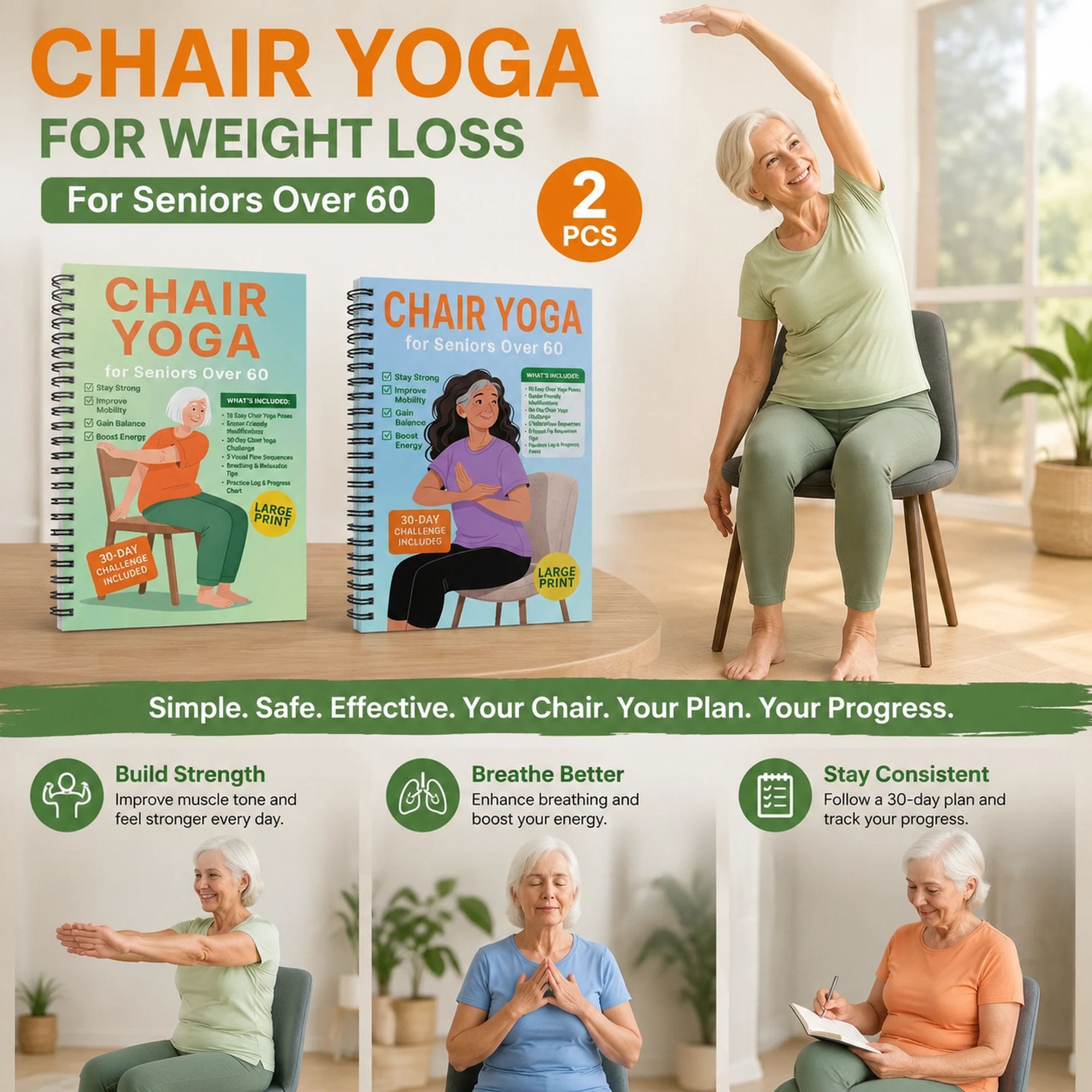 Twin Pack Elderly Chair Yoga Logbooks, Breathing Awareness Plus Balance Awareness Workout Notebooks - Image 1