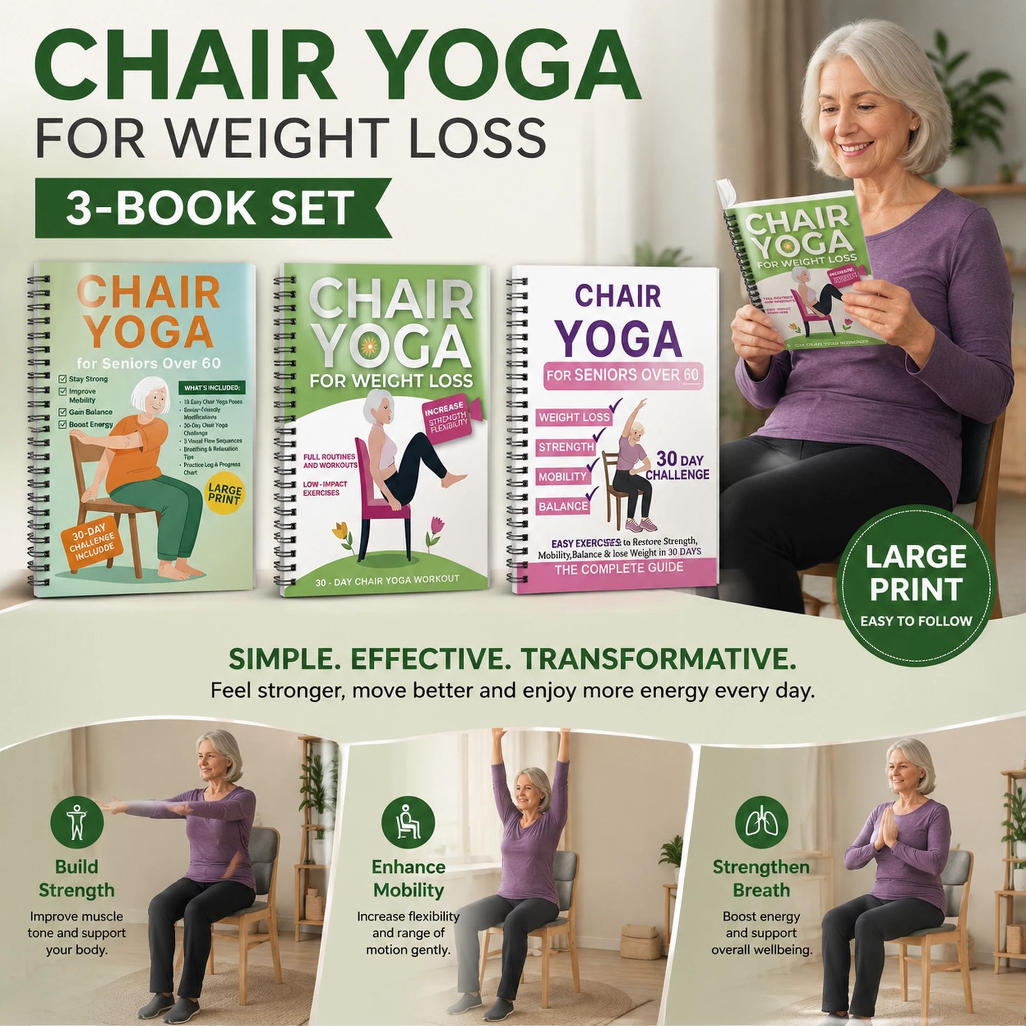 3 Pack Coil Bound Senior Chair Yoga Notebooks, Breathing Awareness, Stable Strength & All-Round Improvement Kits - Image 1