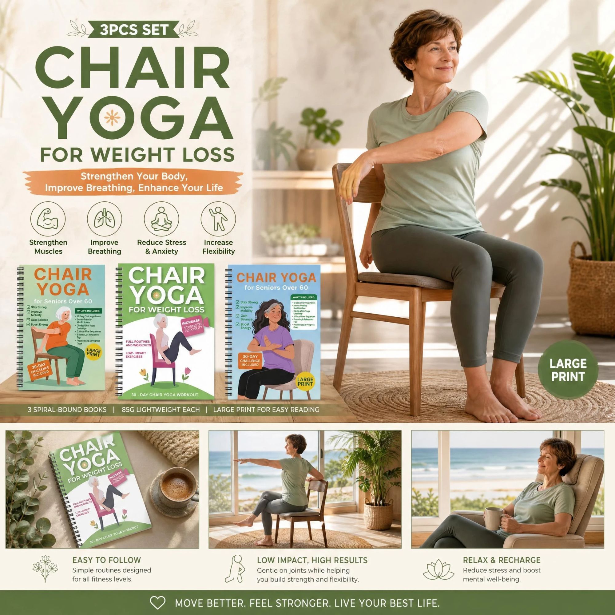Three-Pack Senior Chair Weight Loss Yoga Journals, Breathing Awareness, Stable Strength & Balance Awareness Guides - Image 1