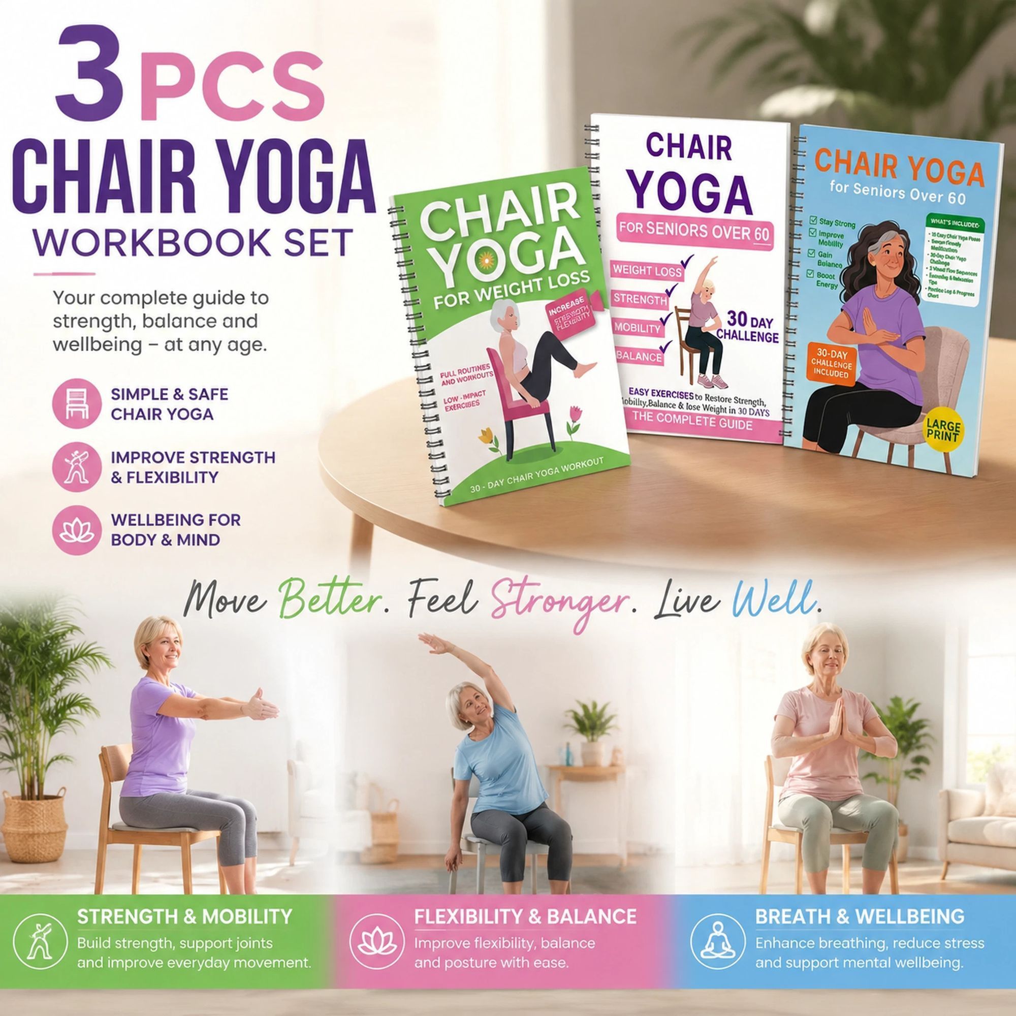 Triple Coil Bound Elderly Fitness Notebooks, Stable Strength, All-Round Improvement & Balance Awareness Yoga Logs - Image 1