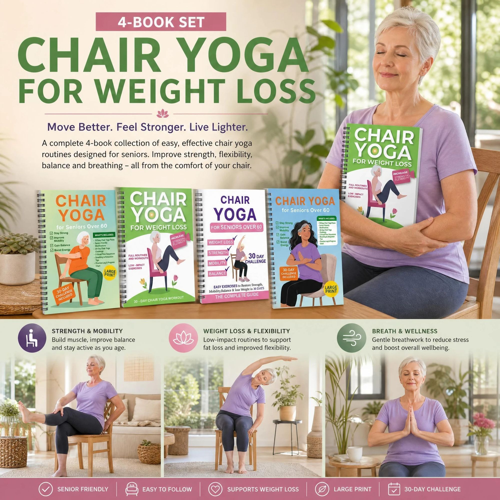 Complete 4 Pack Coil Bound Senior Chair Yoga Weight Loss Notebooks, All Four Workout Program Collections - Image 1