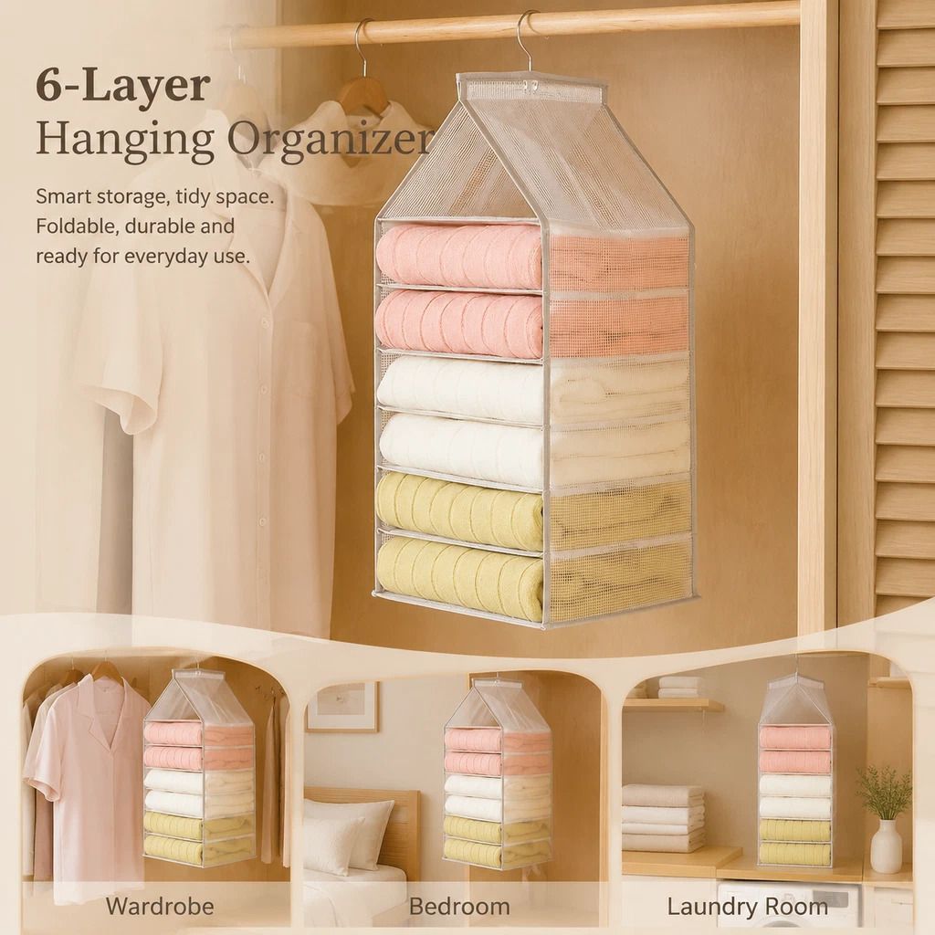 Large PVC Hanging Wardrobe Storage Organiser, 6 Compartment Garment Divider, Vertical Clothes Trousers Storage Pouch, Dusk Grey - Image 1