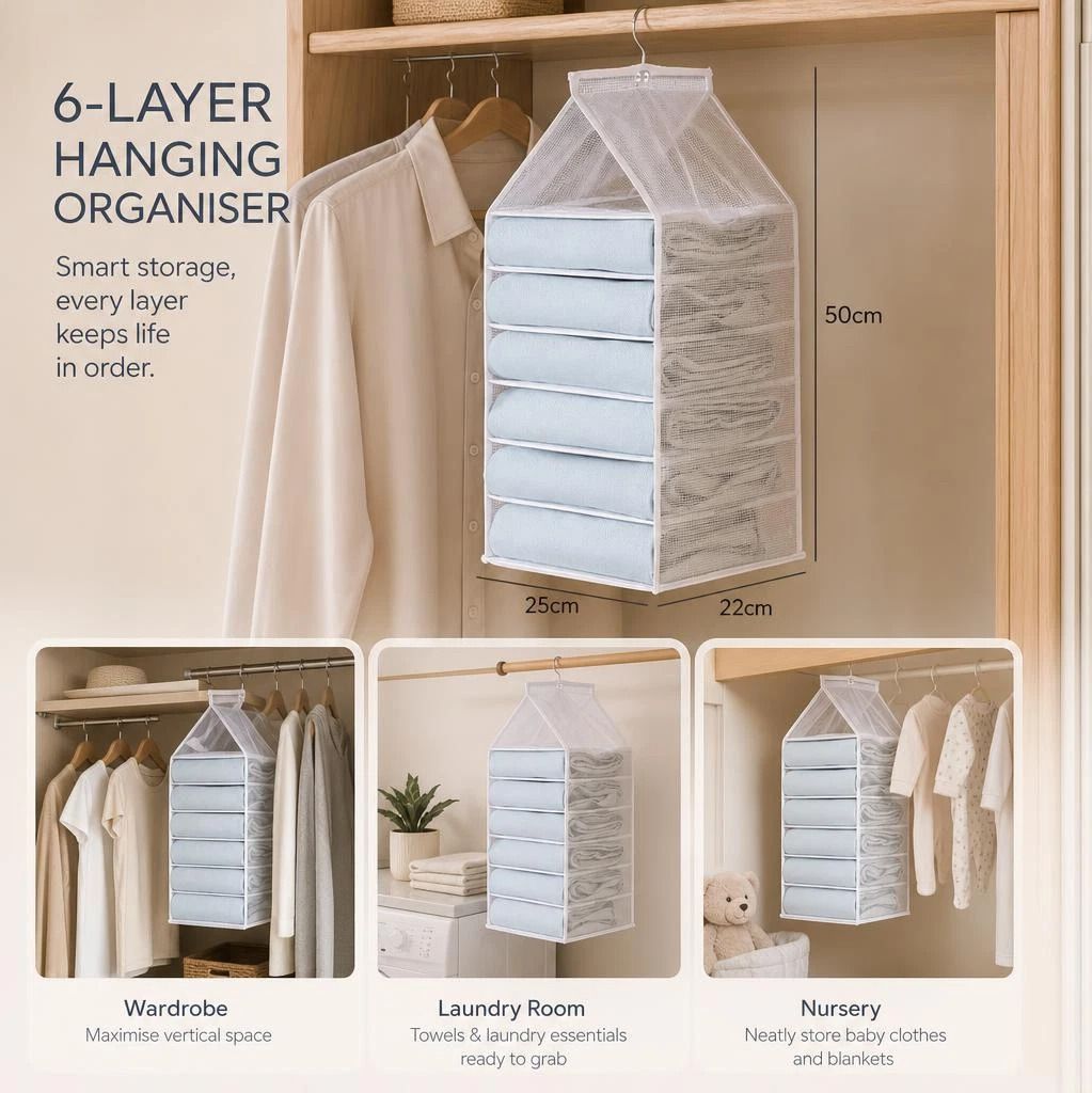 Oversize PVC Wall Hanging Clothes Caddy, 6 Slot Layered Wardrobe Organiser For Pants & Tops, Snow White - Image 1