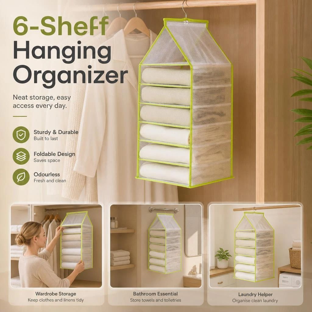 Vertical PVC Hanging Garment Storage Bag, 6 Section Separated Wardrobe Organiser, Forest Green - Image 1