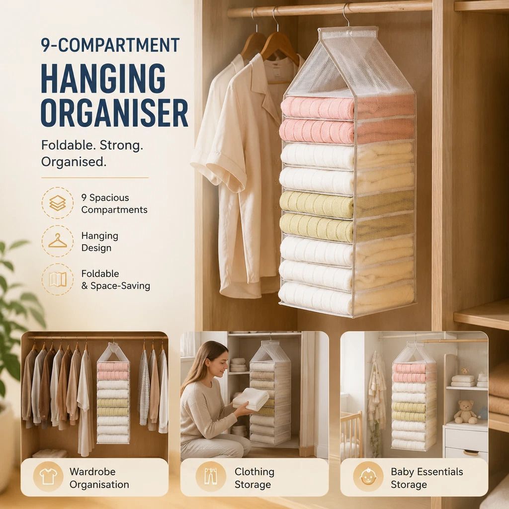 Extra Large PVC Hanging Wardrobe Storage Caddy, 9 Compartment Layered Trousers & Clothes Divider, Dusk Grey - Image 1