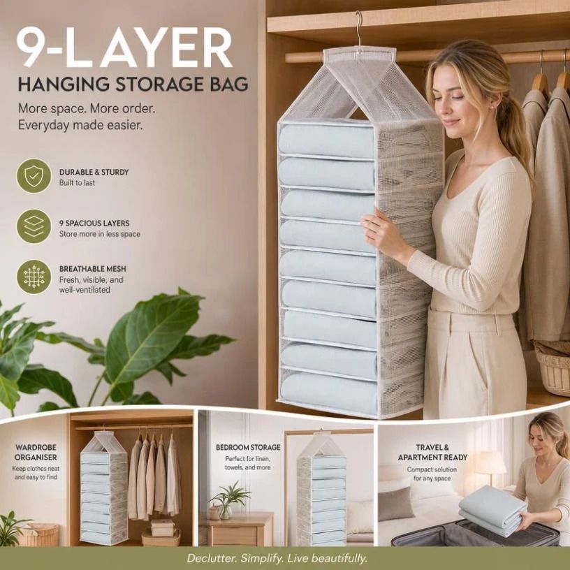 PVC Vertical Hanging Garment Organiser, 9 Slot Separated Wardrobe Storage For Apparel, Snow White - Image 1