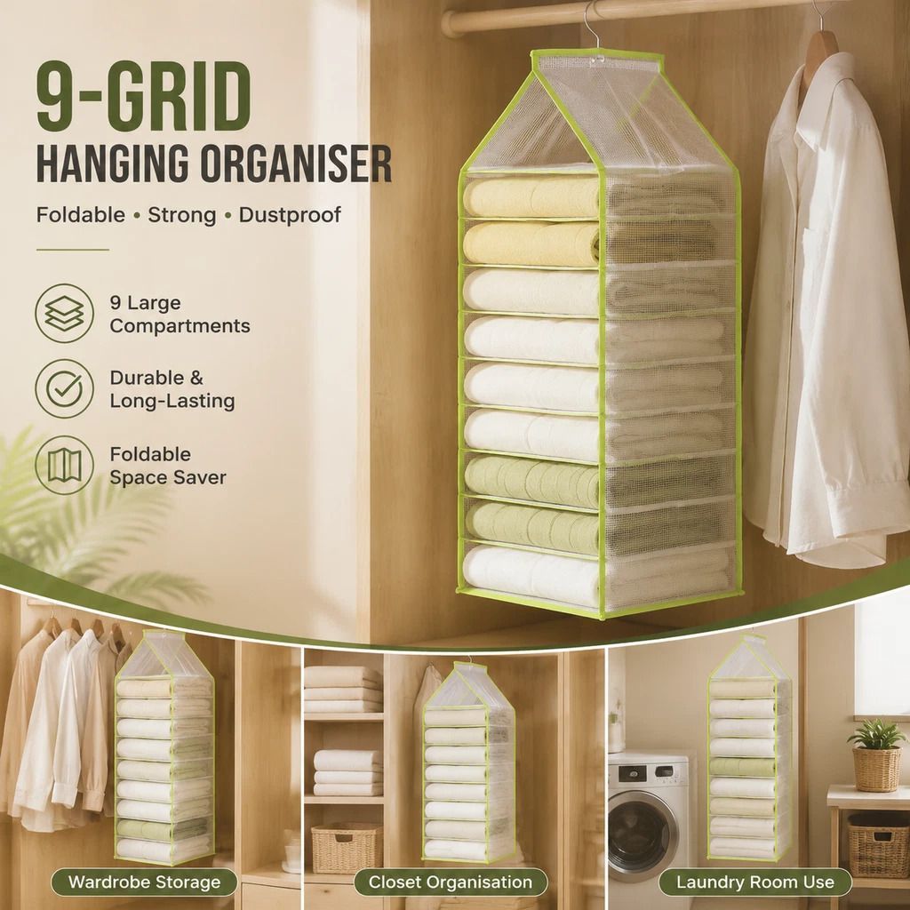 Large Layered PVC Hanging Clothes Pouch, 9 Compartment Wardrobe Divider For Pants, Forest Green - Image 1