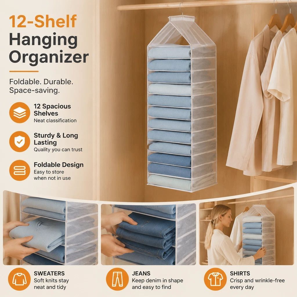 Oversize Vertical PVC Wardrobe Storage Organiser, 12 Slot Garment & Trousers Separator, Dusk Grey - Image 1