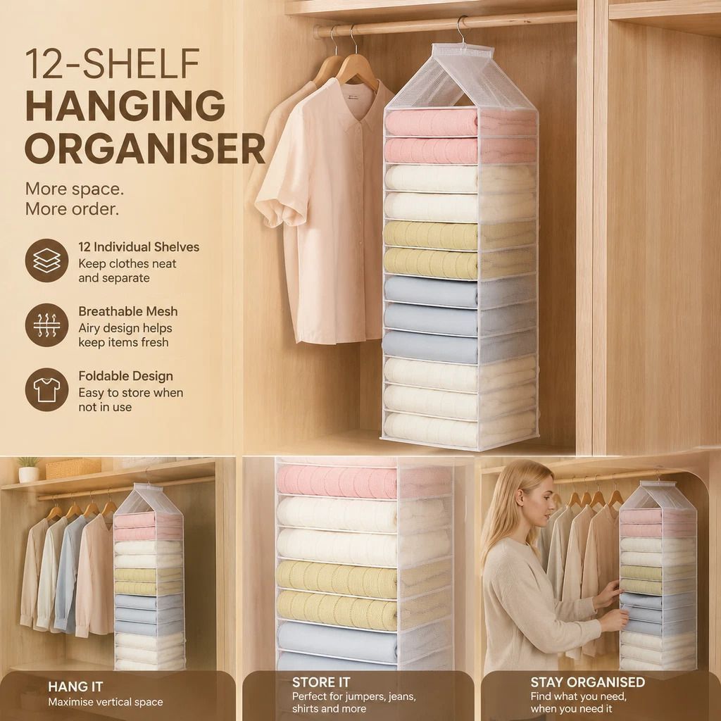 Extra Large PVC Hanging Layered Clothes Storage Caddy, 12 Compartment Wardrobe Divider, Snow White - Image 1