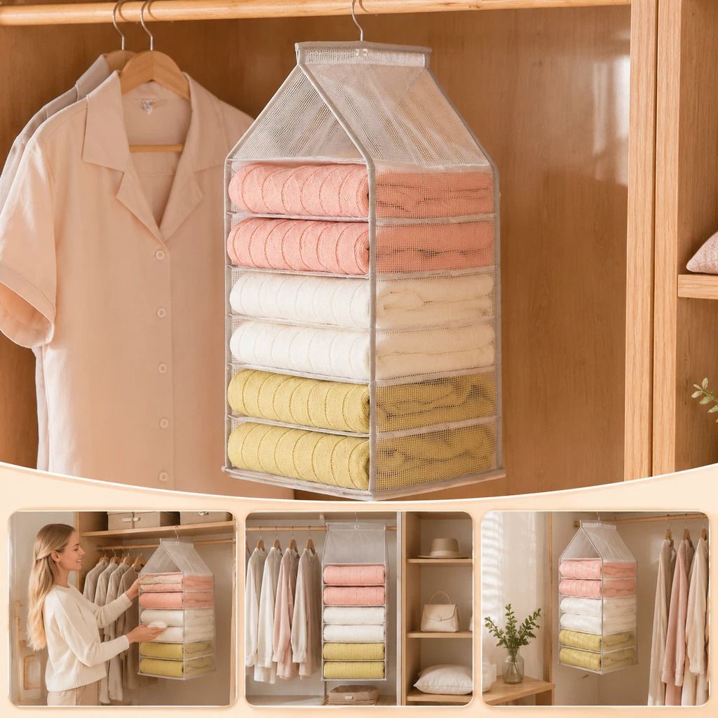 Spacious PVC Vertical Wardrobe Hanging Organiser, 6 compartment split storage for trousers & garments, space-saving Dusk Grey - Image 1