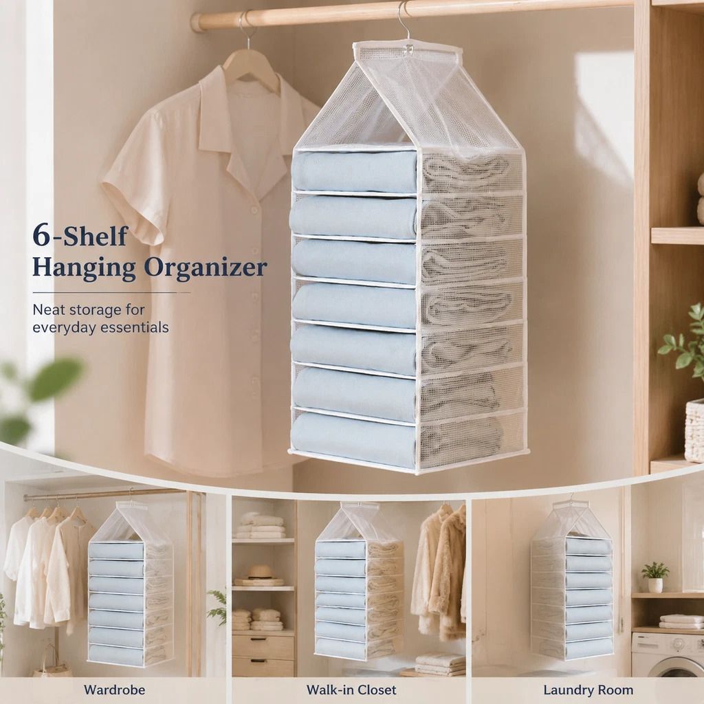 Clear PVC Layered Hanging Clothes Sorter, 6 segmented pockets for pants and daily apparel, neat Snow White - Image 1