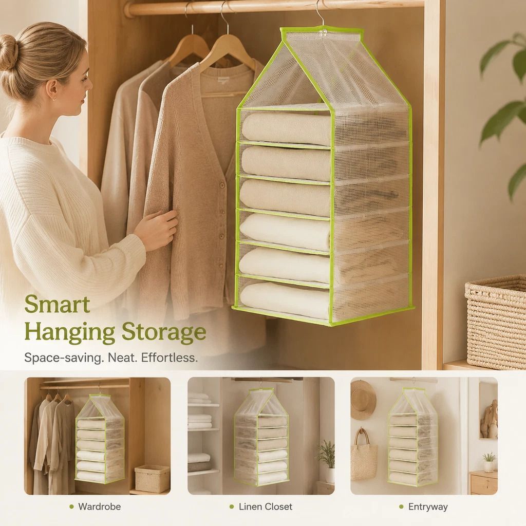 Heavy-duty PVC Wall Mount Garment Storage Pouch, 6 divided slots to separate bottoms & tops, fresh Forest Green - Image 1