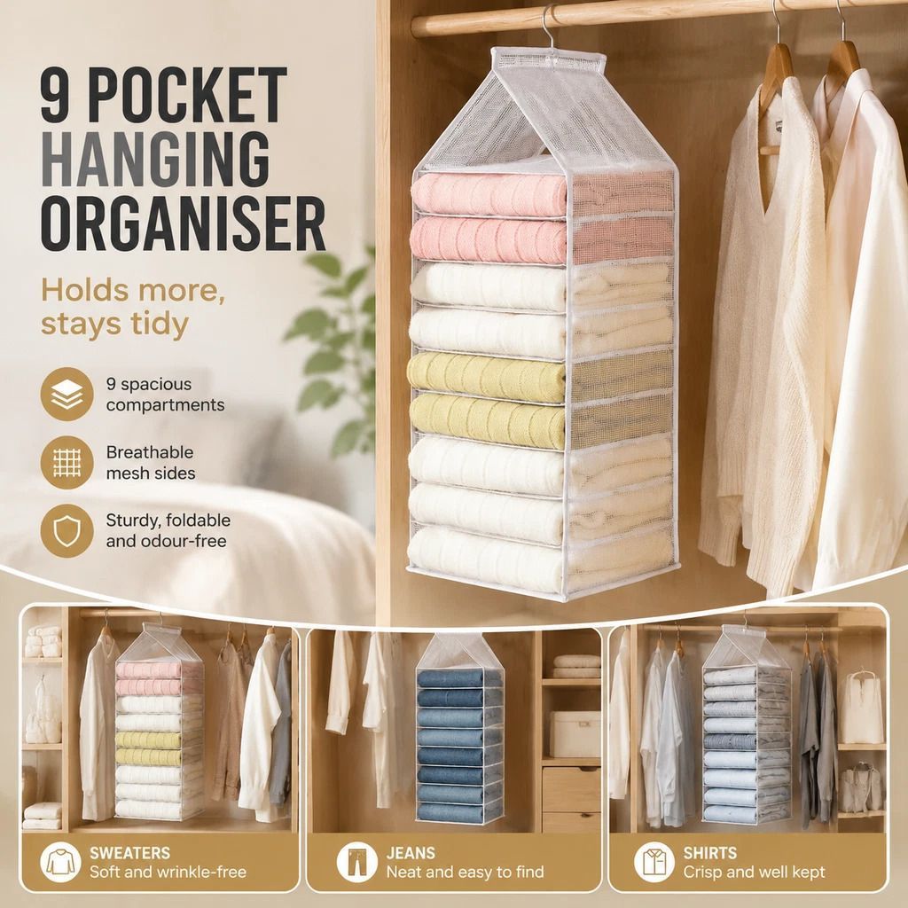 High Capacity PVC Wardrobe Hanging Sack, 9 individual compartments for organised pants storage, neutral Dusk Grey - Image 1