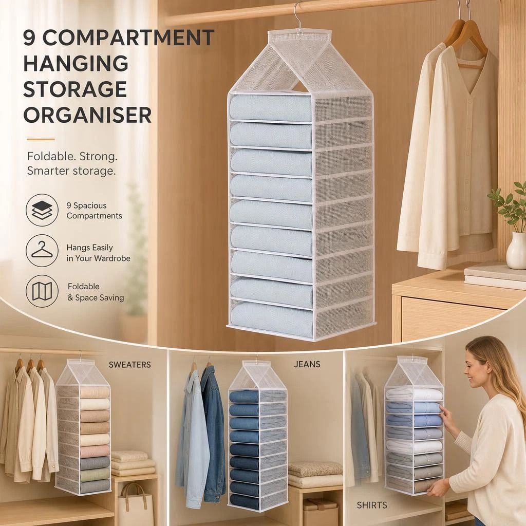 See-through PVC Vertical Garment Hanger Organiser, 9 split pockets for quick clothing access, clean Snow White - Image 1