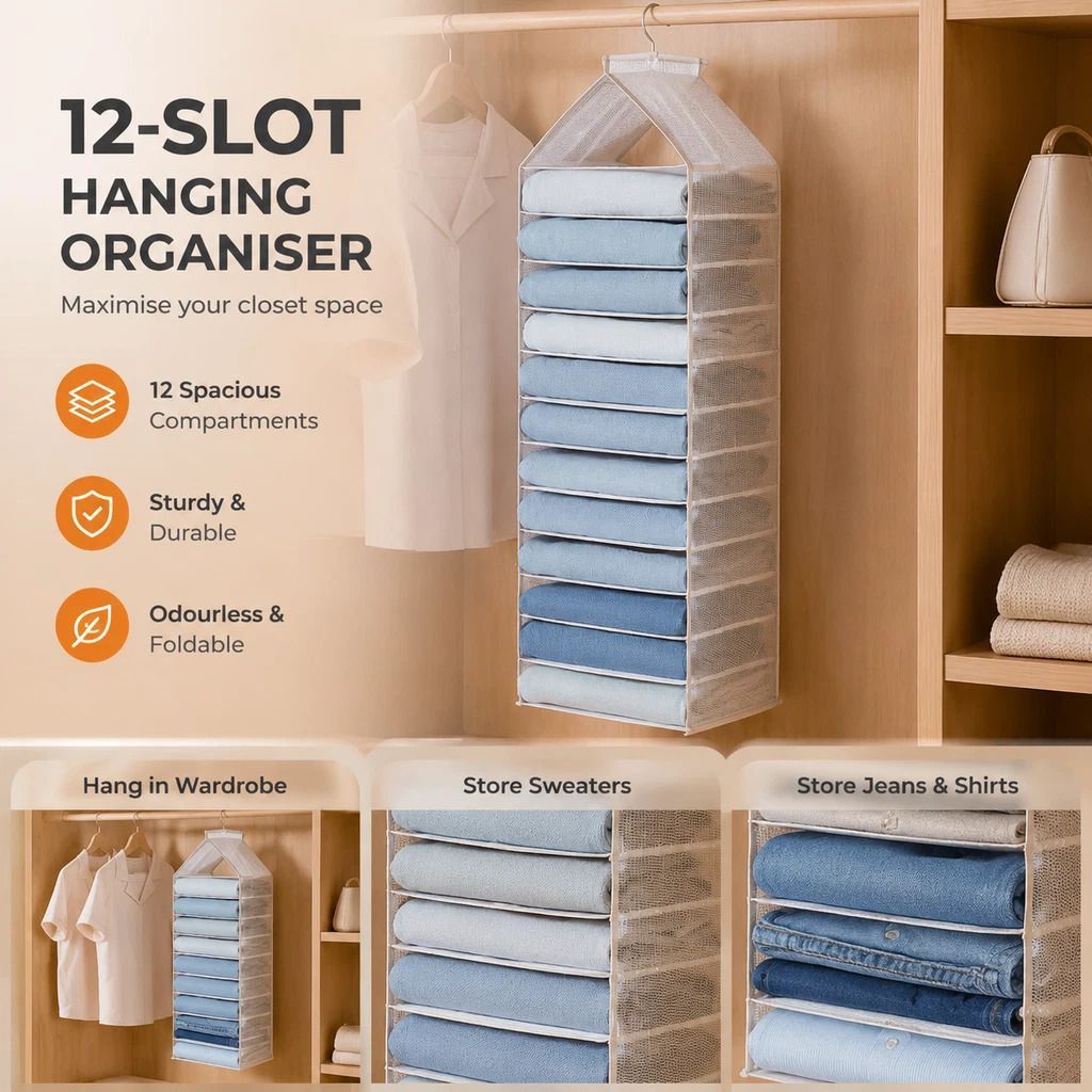 Max Size PVC Wardrobe Suspended Storage Caddy, 12 independent compartments for full apparel sorting, muted Dusk Grey - Image 1