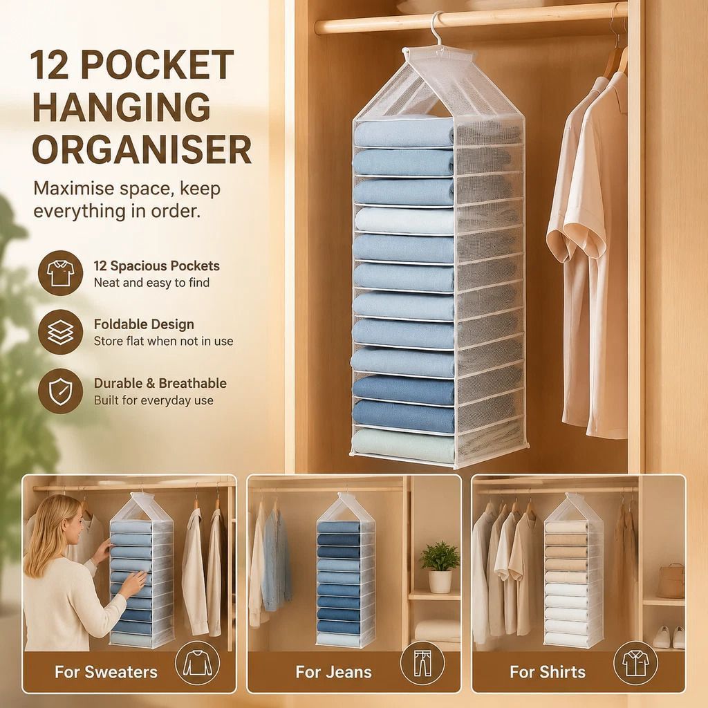 Transparent PVC Multi-section Hanging Garment Bag, 12 segmented slots for easy trouser & outfit organisation, bright Snow White - Image 1