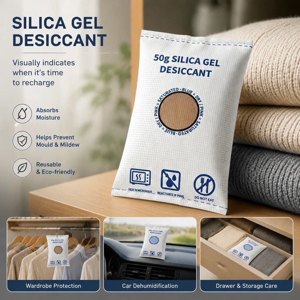 Cobalt Free Flat Top White Silica Gel Desiccant, Moisture Absorbing Sachets, 50g Two Pack - Image 1