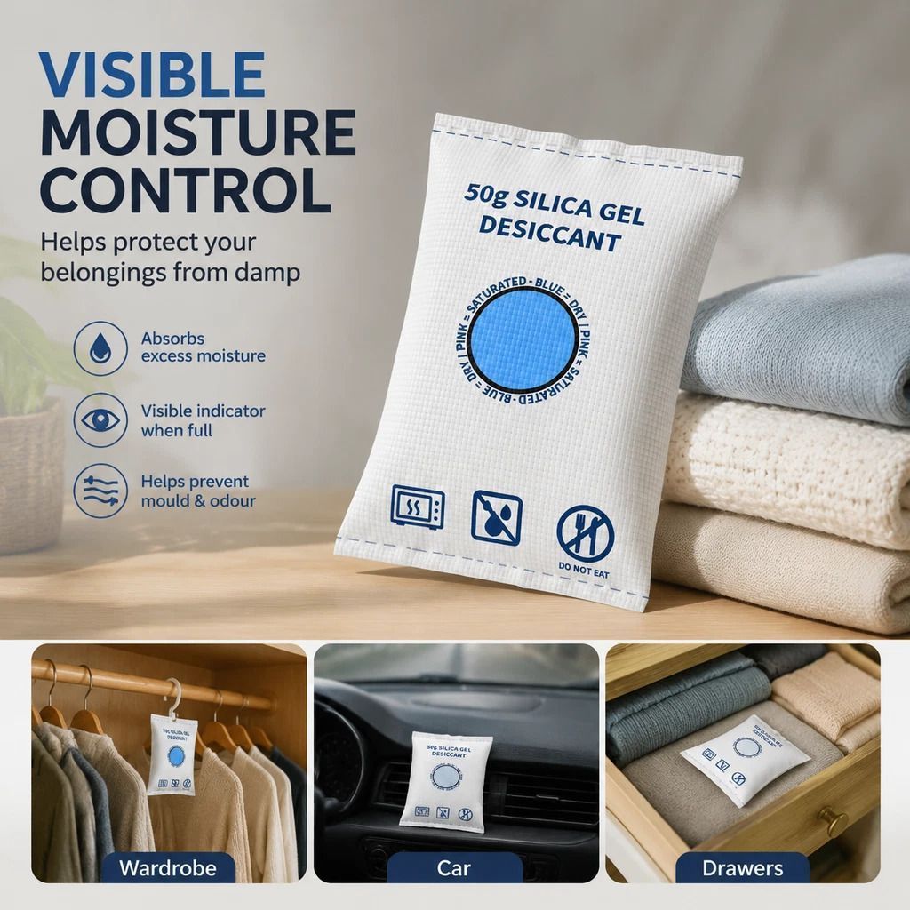 Regular Flat Opening White Silica Gel Packets, Visible Humidity Moisture Remover, 50g Twin Pack - Image 1