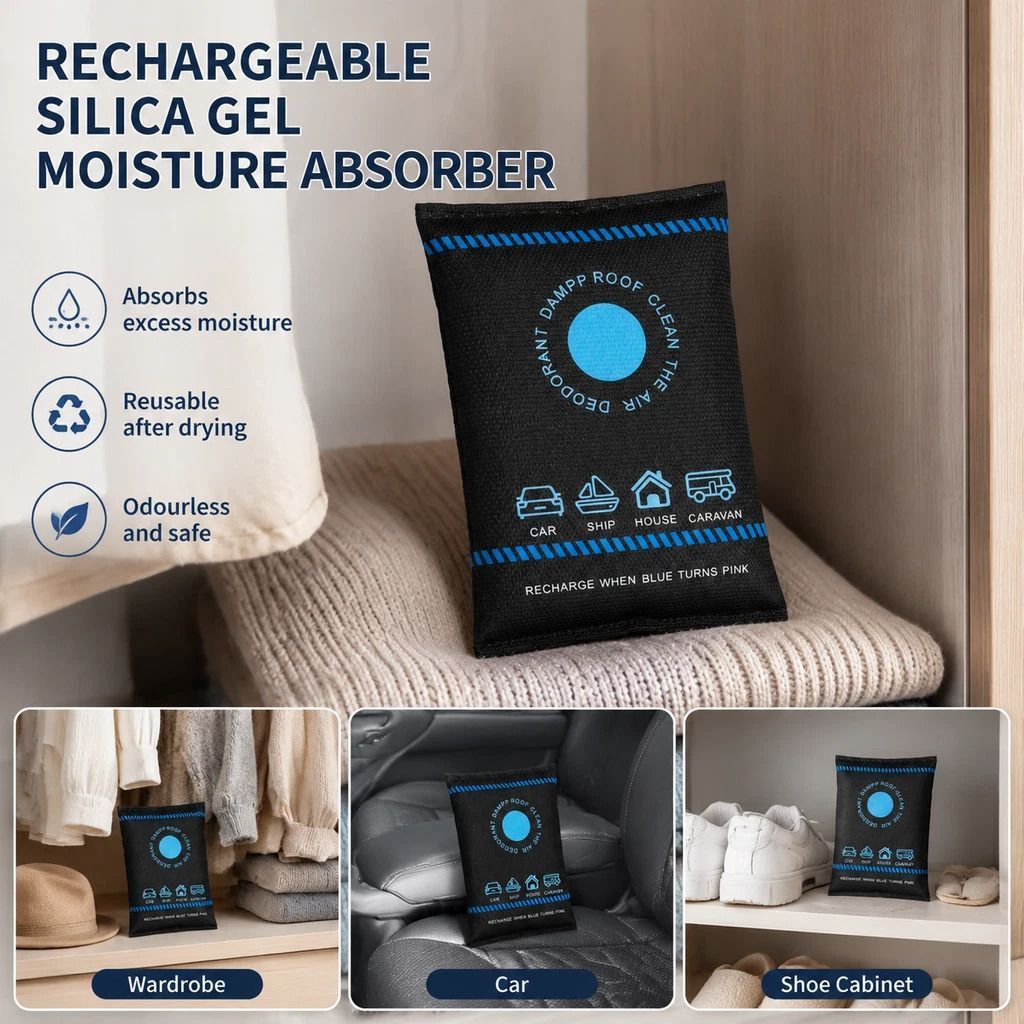 Humidity Tracking Silica Gel Moisture Absorbers, Regular Blue Black Flat Top Sachets, 100g Twin Pack - Image 1