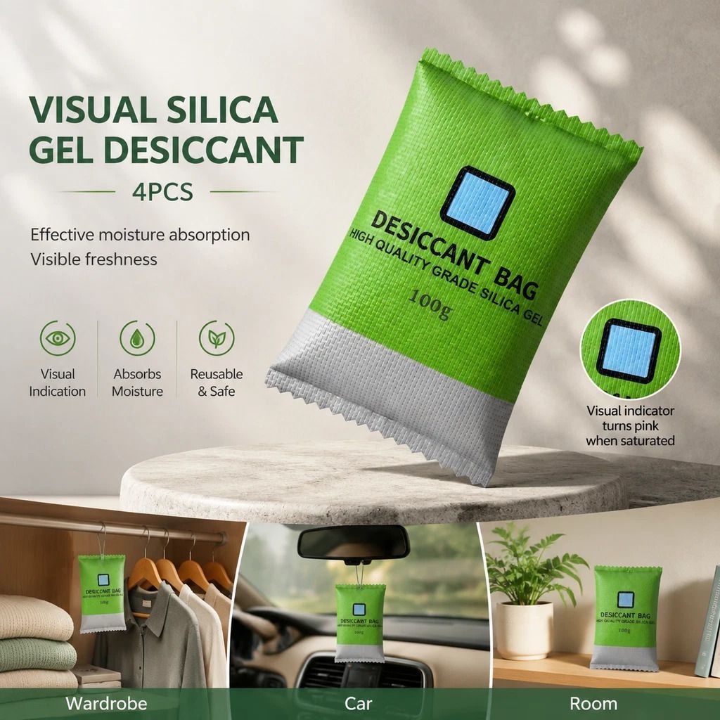 4 Pack Visual Humidity Green Silica Gel Desiccant, Colour Changing Regular 100g Dehumidifying Beads - Image 1