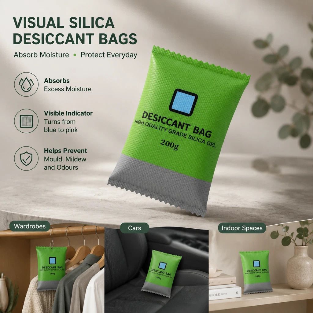Regular Green Colour Shift Silica Gel Sachets, Visible Humidity Drying Beads, 200g 4 Pack - Image 1
