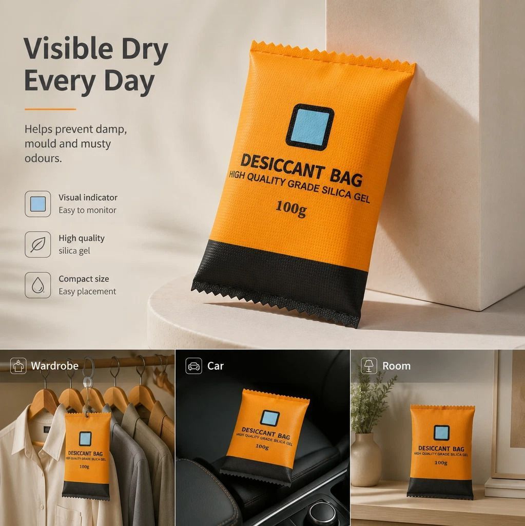 Quad Pack Orange Humidity Visual Silica Gel Desiccant, Standard 200g Moisture Absorber Bags - Image 1