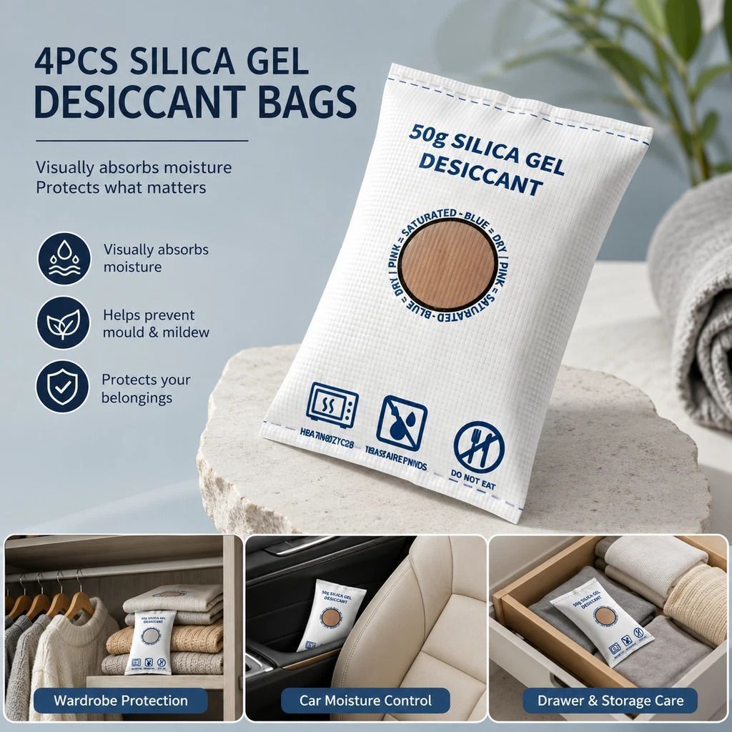 Cobalt Free White Flat Top Silica Gel Packs, Odourless Moisture Removing Sachets, 50g Four Pack - Image 1