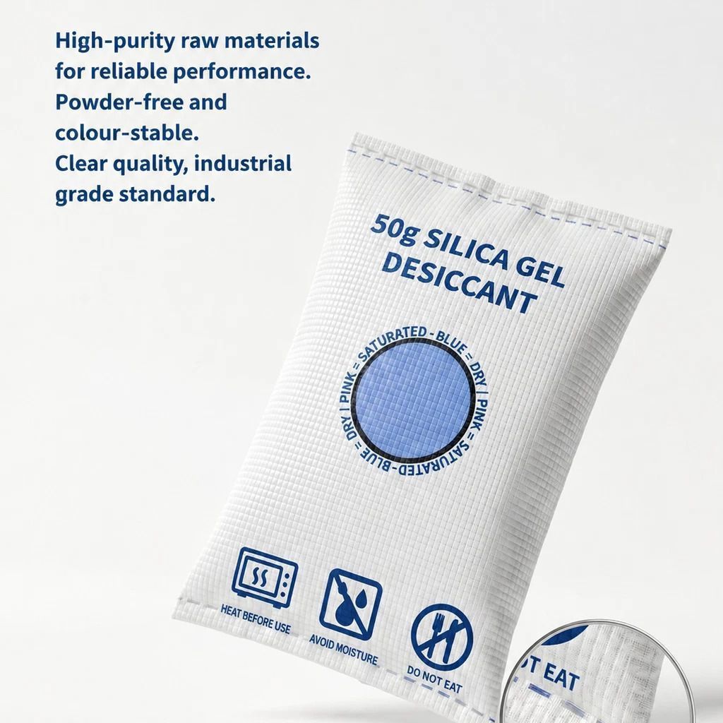 Cobalt Free White Flat Top Silica Gel Packs, Odourless Moisture Removing Sachets, 50g Four Pack - Image 3
