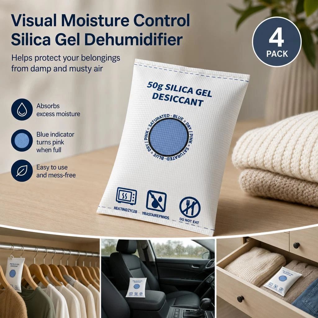 Regular White Flat Mouth Silica Gel Desiccant Bags, Visible Humidity Control, 50g Quad Pack - Image 1