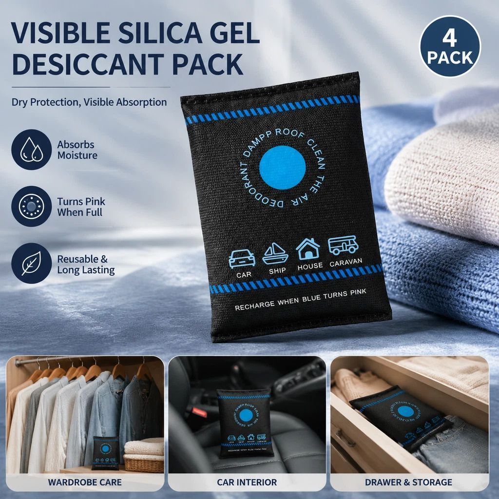 4 Pack Standard Blue Black Flat Opening Silica Gel, Visual Humidity Dehumidifying Packs 200g - Image 1