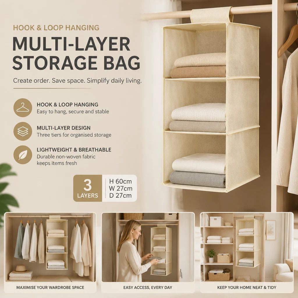 Cotton Linen Hanging Wardrobe Organiser, 3 Tier, Beige, Neat Garment Storage - Image 1