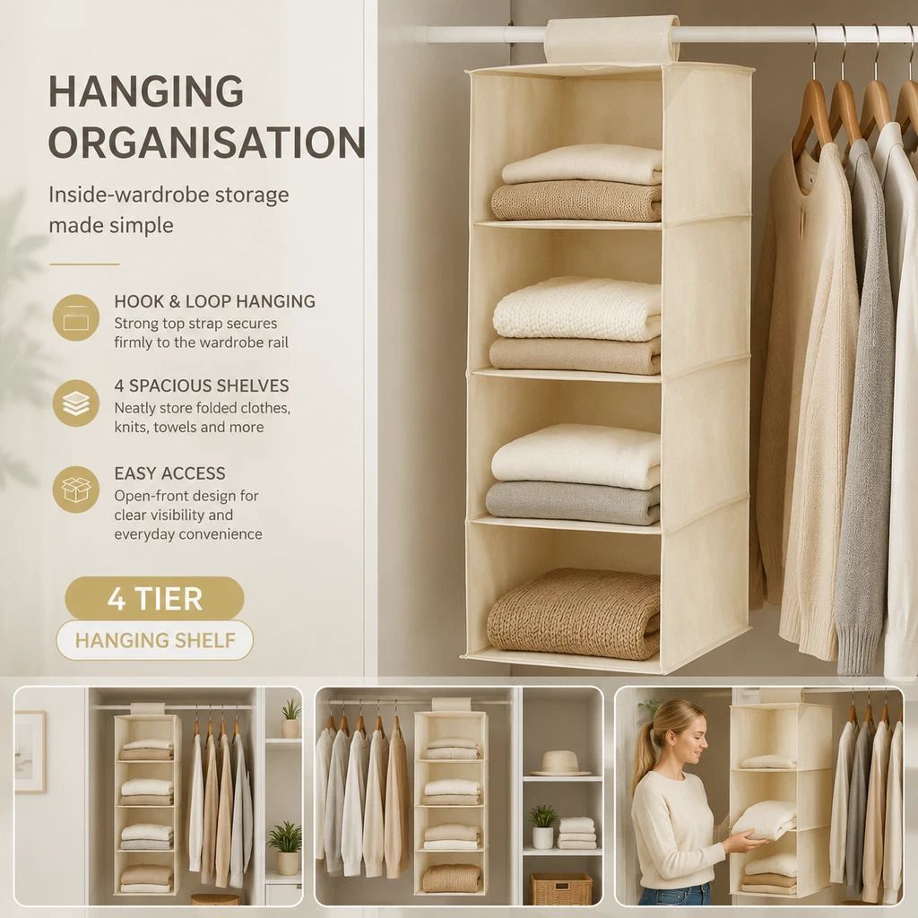 Cotton Linen Hanging Clothes Caddy, 4 Tier, Beige, Space Saving Robe Storage - Image 1