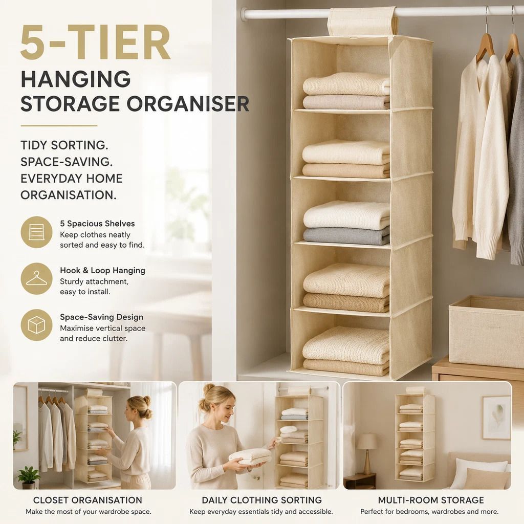 Cotton Linen Multi-Layer Hanging Storage Bag, 5 Tier, Beige, Tidy Outfit Sorting - Image 1