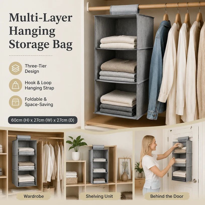 Cotton Linen Suspended Wardrobe Organiser, 3 Tier, Grey, Compact Apparel Storage - Image 1