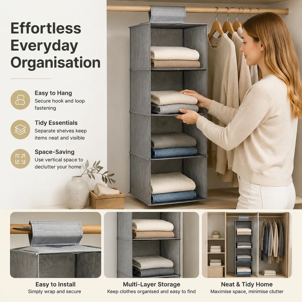 Cotton Linen Layered Hanging Clothes Bag, 4 Tier, Grey, Maximize Closet Space - Image 1
