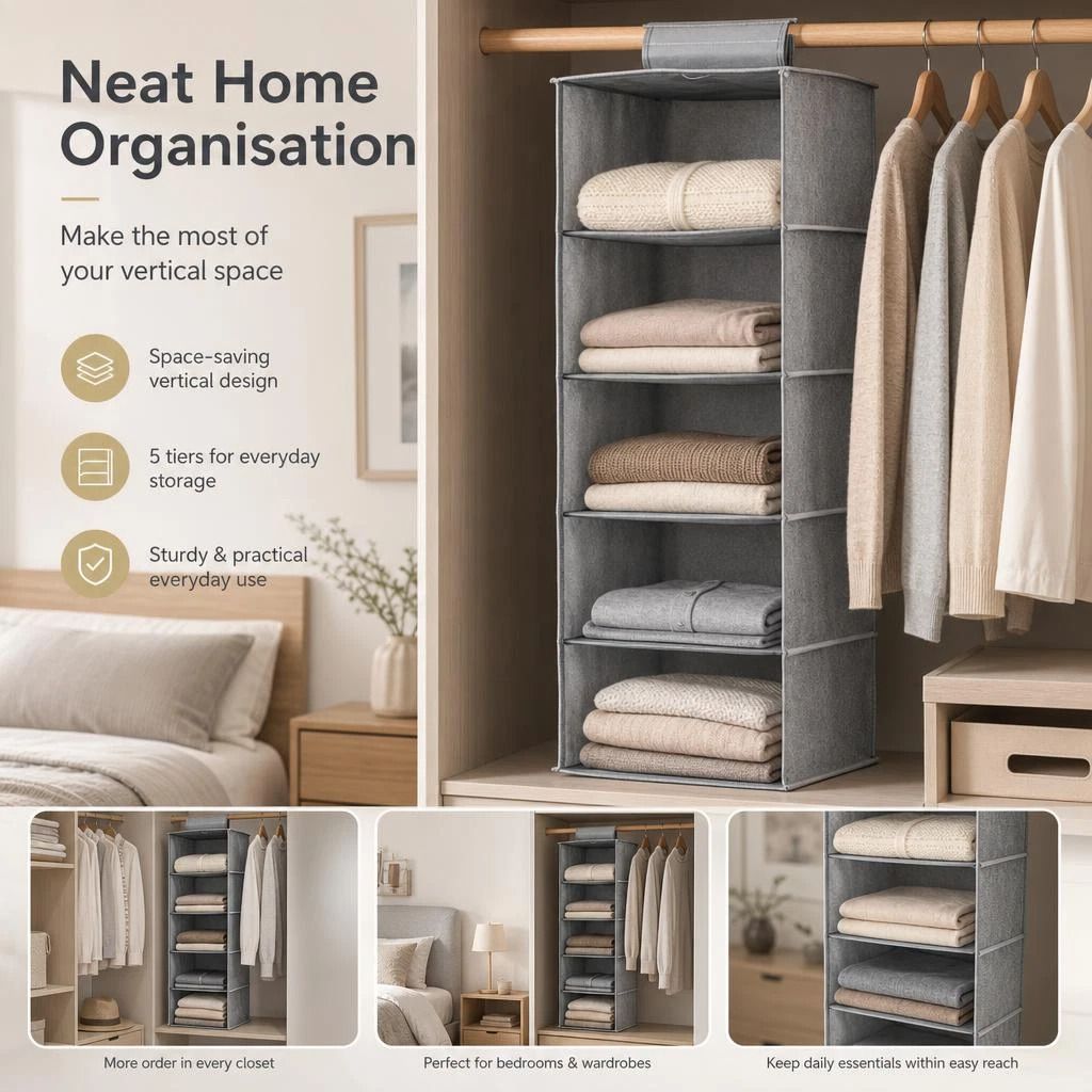 Cotton Linen Multi-Tier Hanging Garment Caddy, 5 Tier, Grey, Easy Clothing Organisation - Image 1