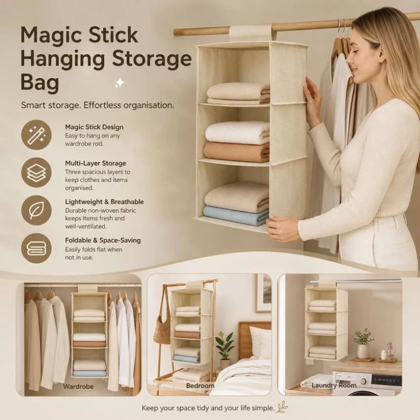 Cotton Linen Hanging Wardrobe Organiser, 3 Tier, Beige, Practical Robe Sorter - Image 1