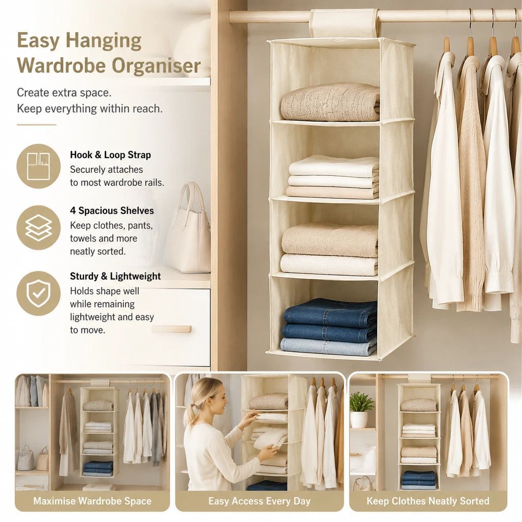 Cotton Linen Hanging Clothes Caddy, 4 Tier, Beige, Clear Garment Partition - Image 1