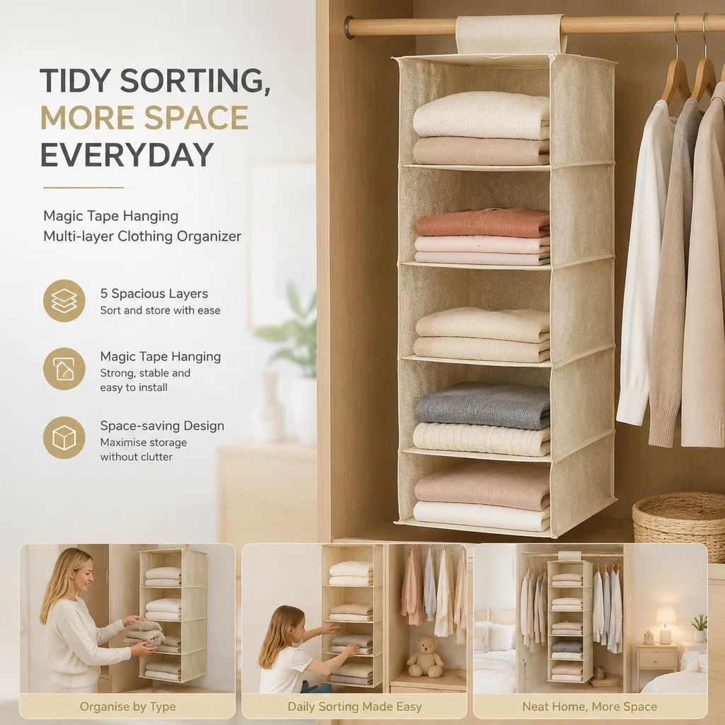 Cotton Linen Multi Layer Hanging Storage Bag, 5 Tier, Beige, Mess-Free Wardrobe - Image 1