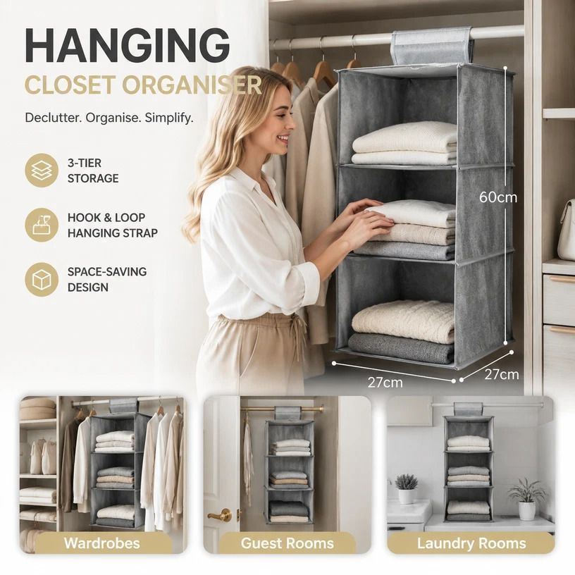 Cotton Linen Suspended Wardrobe Organiser, 3 Tier, Grey, Simple Daily Storage - Image 1
