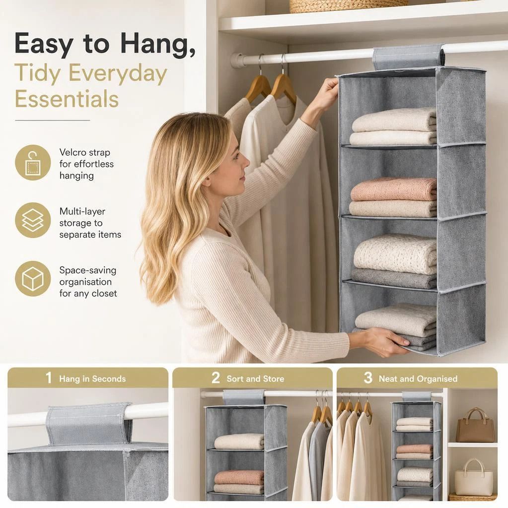 Cotton Linen Layered Hanging Clothes Bag, 4 Tier, Grey, Efficient Apparel Sorting - Image 1